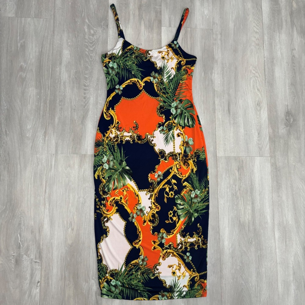 J. Uptown Tropical Baroque Midi Dress Orange Navy Gold Cocktail Stretch Small